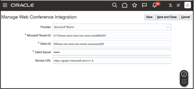 Screenshot showing the Manage Web Conference Integration UI