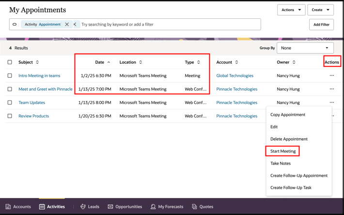 Sample screenshot from where salespeople start a web conference meetings from Oracle Sales UI.