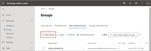 The screenshot highlights the Add a group button on the Exchange admin center page. Click the button to create a group.
