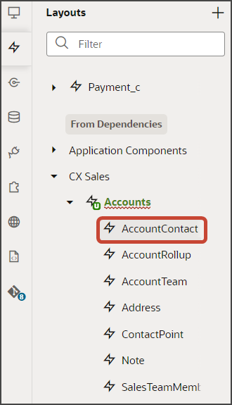 This is a screenshot of the AccountContact node on the Layouts tab in Visual Builder Studio.