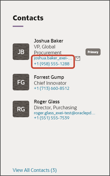 This is a screenshot of the Contacts panel on the Account detail page.