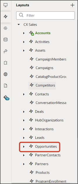 This is a screenshot of the Opportunities node on the Layouts tab in Visual Builder Studio.