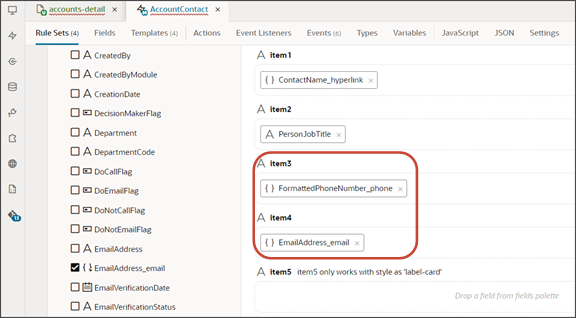This screenshot illustrates the new location of the email and phone fields on the panel card layout.