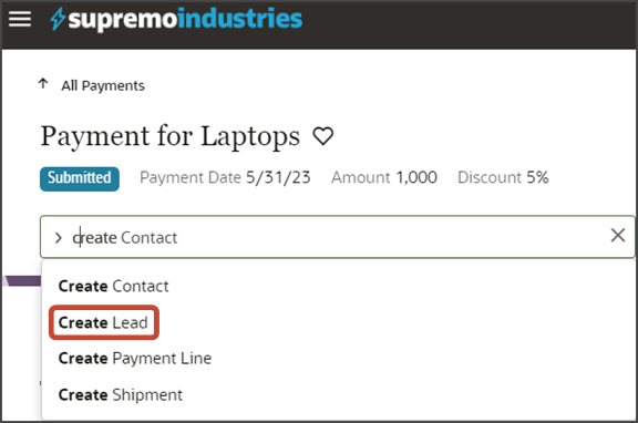 This screenshot illustrates how to access the Create Lead action.