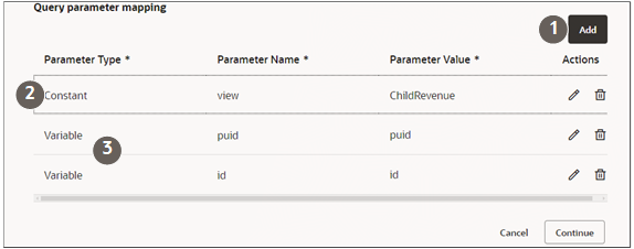 Screenshot of the Query parameter mapping section with callouts detailed in the table.