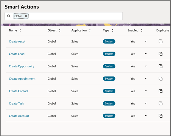 Smart Actions list page