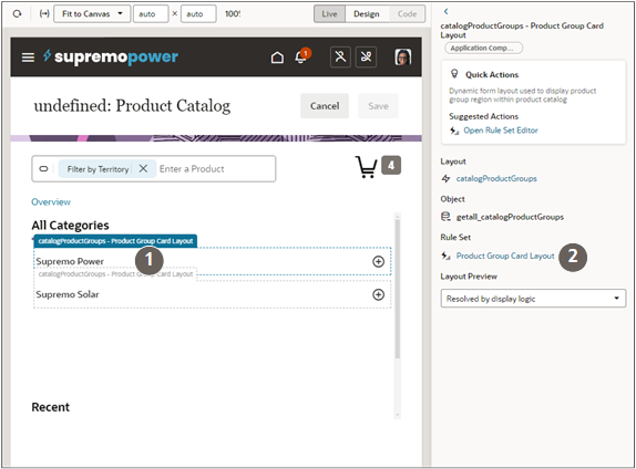 Screenshot of Visual Builder Studio Page Designer highlighting a selected product group and rule set.