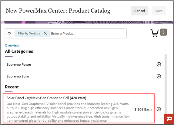 Screenshot of the product catalog in an opportunity, highlighting a product under the Recent heading.