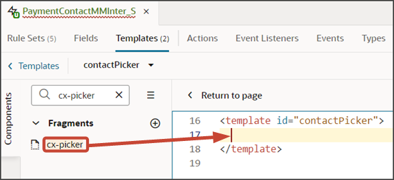 This screenshot illustrates how to drag the picker fragment to the template editor.
