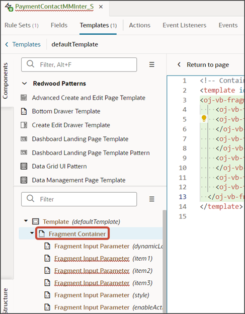 This screenshot illustrates the Structure pane for a panel's template.