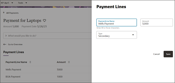 This screenshot illustrates the page that displays once the user clicks the Edit action to edit a payment line.