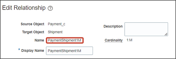 This screenshot illustrates how to find the relationship name in Application Composer.