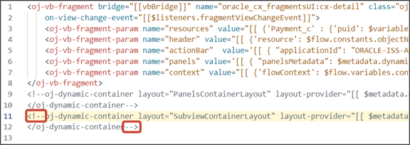 This screenshot illustrates how to comment out the dynamic container component.