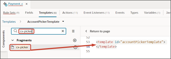 This screenshot illustrates how to drag the cx-picker fragment to the template editor.