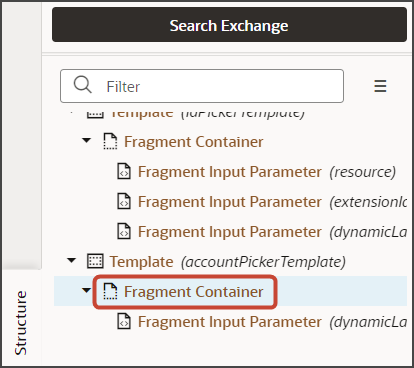 This screenshot illustrates the Fragment Container node in the Structure pane.