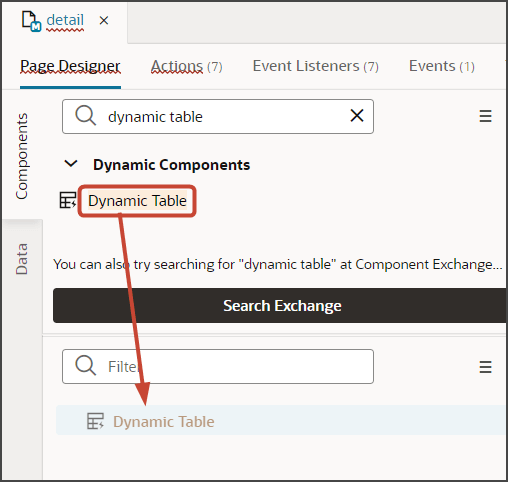 This screenshot illustrates where to drag the dynamic table component.