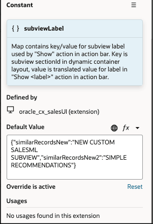 Sample screenshot displaying the Constant for the subview Label used by the Show action