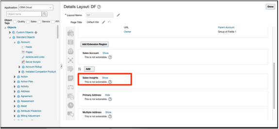 Screenshot of Sales Insights region in Application Composer with the Show link highlighted