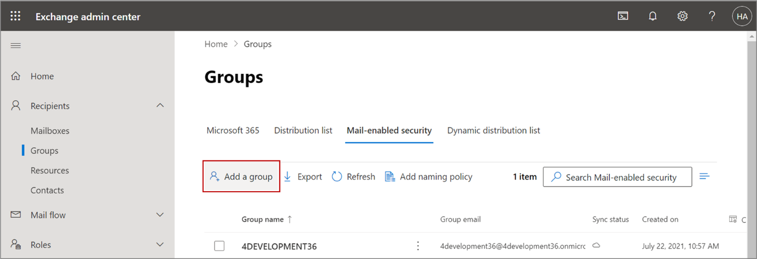 The screenshot highlights the Add a group button on the Exchange admin center page. Click the button to create a group.