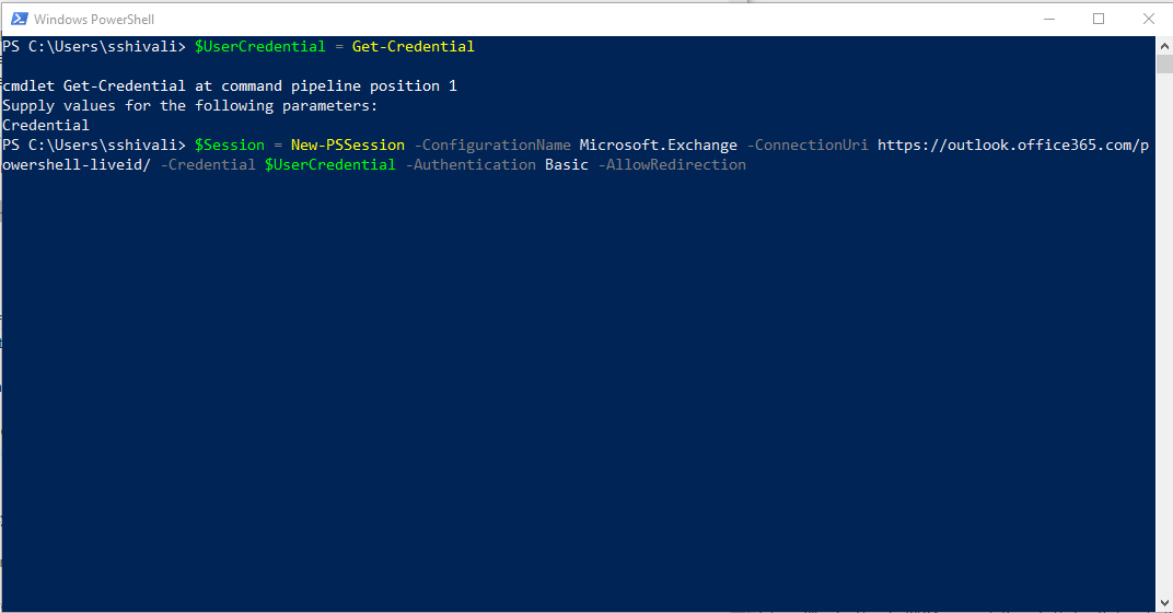 Enter the command related to the new session in the Windows PowerShell UI.