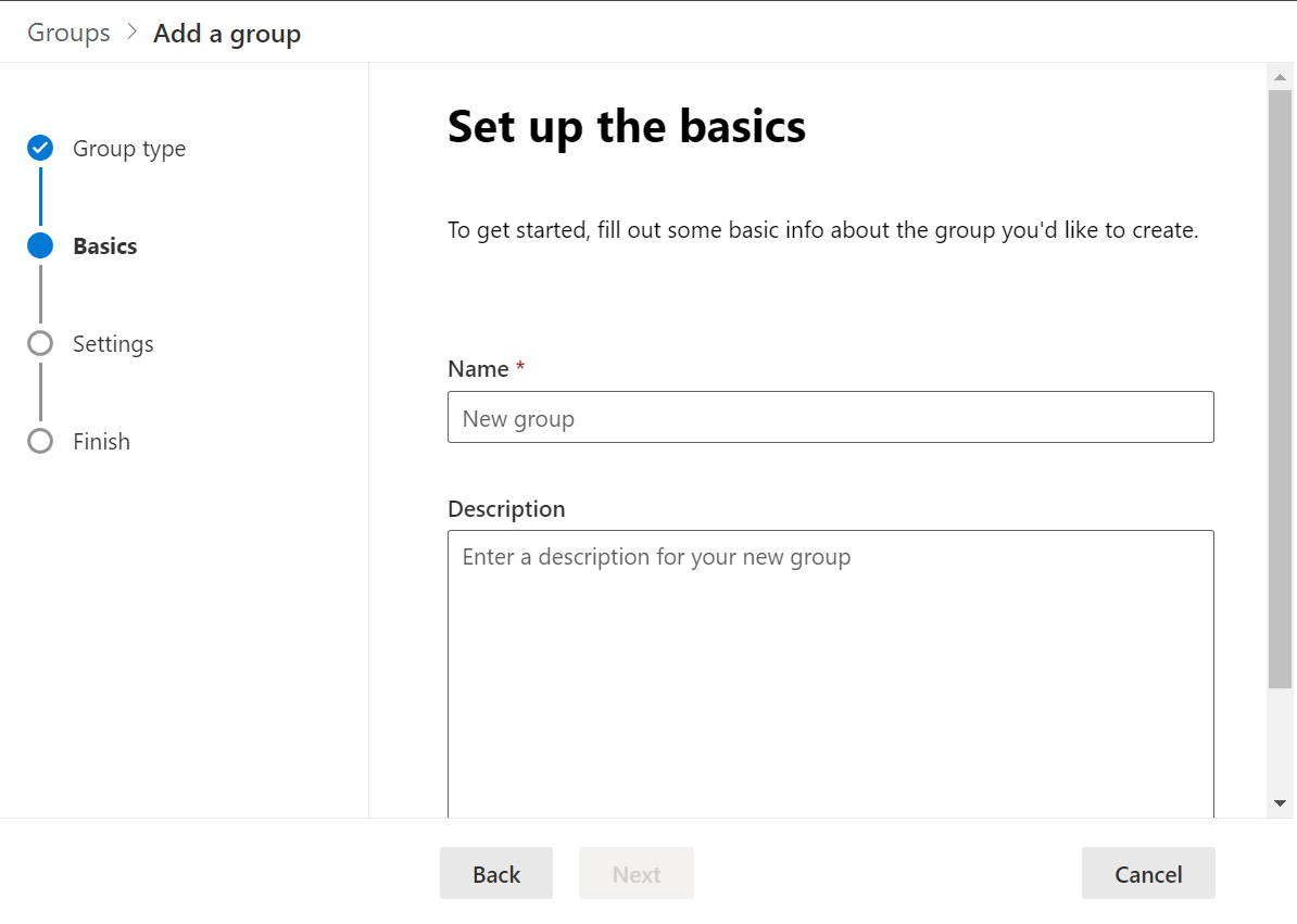 Next step in creating the group is to enter basic information such as name and description of your group.