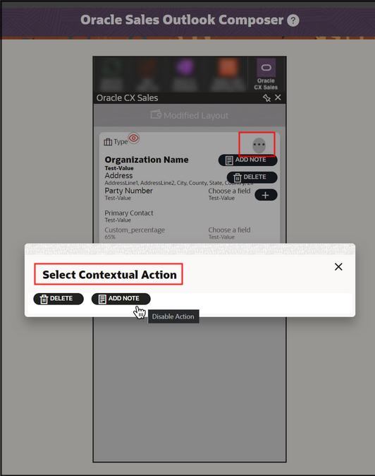 Screenshot highlighting the selection of contextual actions