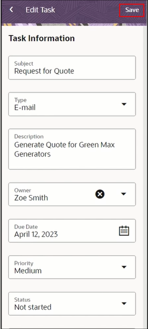 Sample screenshot of editing an appointment using Oracle Sales for Outlook add-in