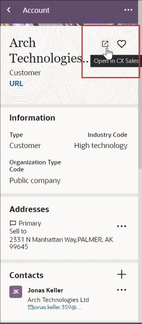Sample image highlighting the Open in CX Sales option
