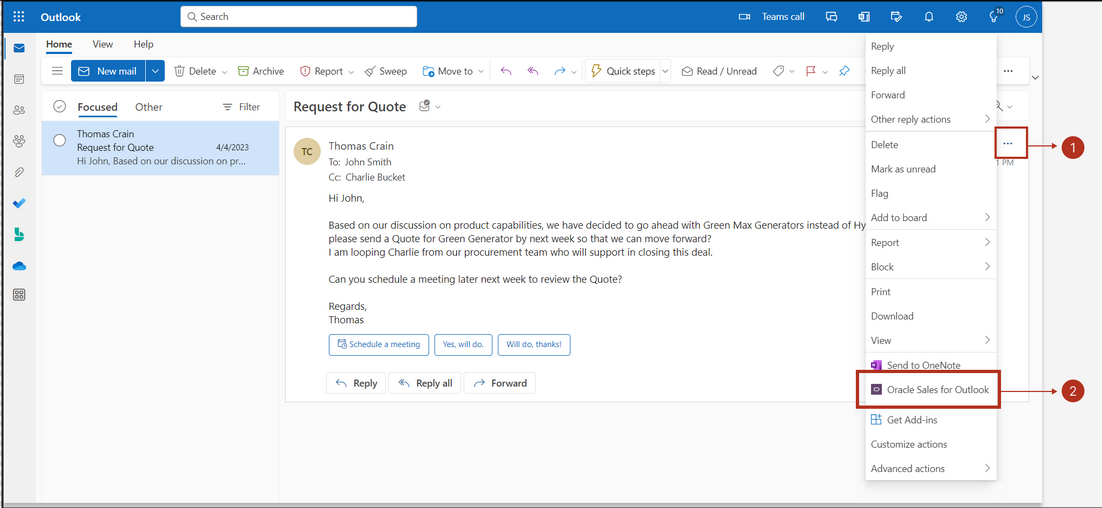Screenshot shows how to access Oracle Sales for Outlook from the web