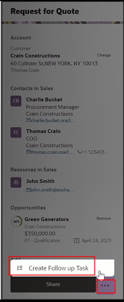 Sample screenshot highlighting the Create Follow up Task action