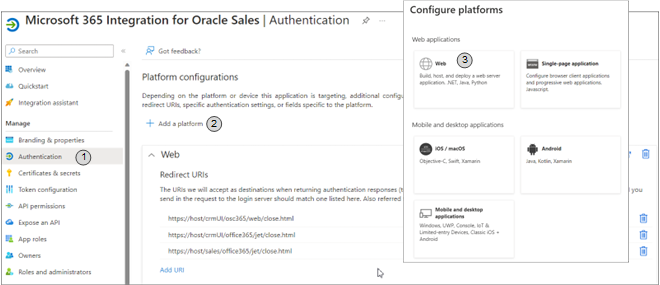 Authentication with Add Platform and Configure platforms Web selection highlighted with callouts