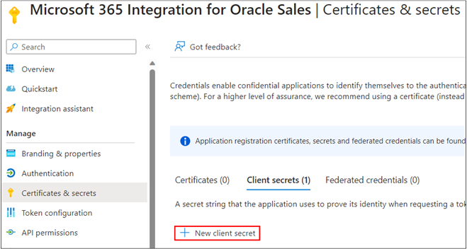 Certificates & Secrets page highlighting the selection and the New client secret button.