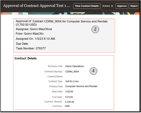 Screenshot showing a sample of the View Contract Details with callouts