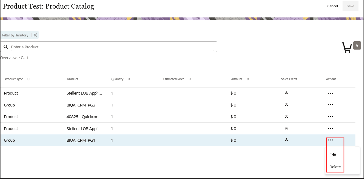 Opportunity product catalog cart detail sample screenshot