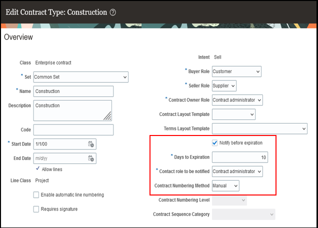 Screenshot showing the location of the Notify before expiration check box for a specific contract from the Edit Contract Type page