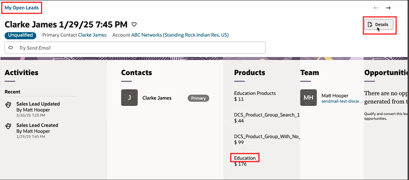 Example of Products view showing the products associated with a lead