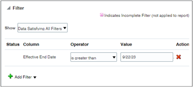 Detail of filter you add to an analysis on the Sort and Filter step in the create analysis wizard.