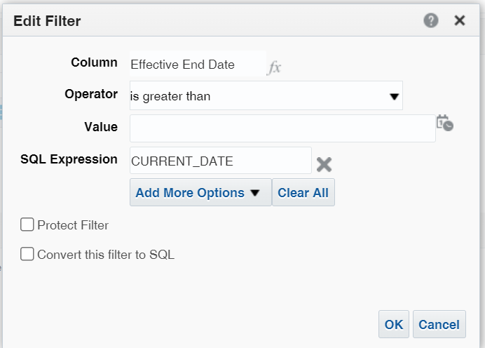 Screen shot of the Edit Filter window showing the CURRENT_DATE entry described in the text.