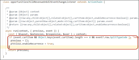 This screenshot illustrates the action chain code with the enableRecurrence flag set to true.
