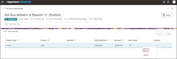 This screenshot illustrates how to start configuring a recurring revenue schedule for an opportunity product.