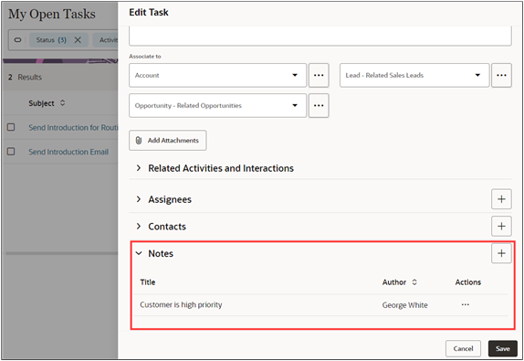 Screenshot showing the notes section in the Edit Task page of Sales in the Redwood User Experience.