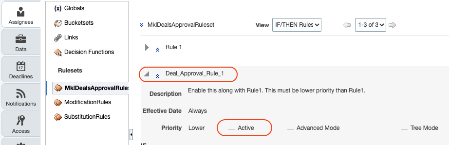 The image illustrates how to inactivate the Deal_Approval_Rule_1.