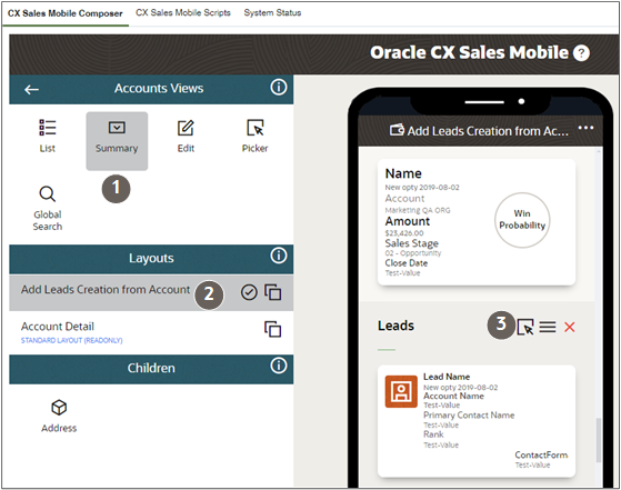 CX Sales Mobile Composer page highlighting steps for adding the Create lead action to accounts.
