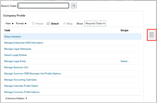 Screenshot of a part of the Setup and Maintenance page, highlighting the location of the Tasks drawer