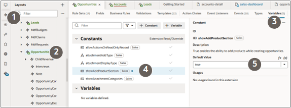 Screenshot of VB Studio highlighting the UI components for changing the value of the opportunity constant to show products