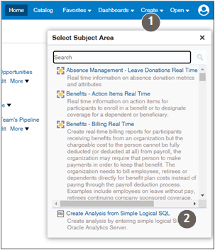Select Subject Area window