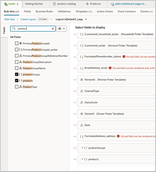 Screenshot of the Fields tab