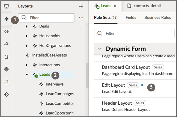VB Studio detail of the Layout tab for leads highlighting the navigation elements discussed in the text.