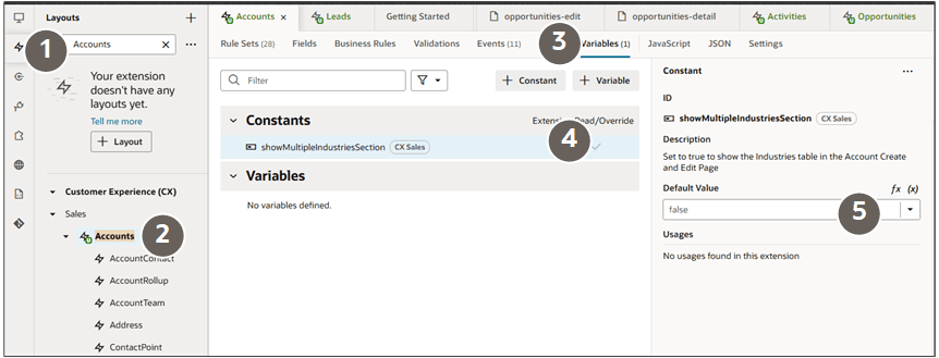Screenshot of the Layouts tab in Oracle Visual Builder Studio highlighting the selections described in the text.