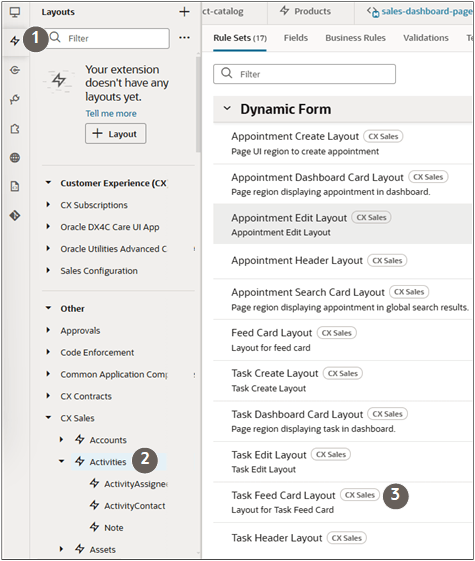 Layout tab in Oracle Visual Builder Studio, highlighting the navigation to the and Task Feed Card Layout